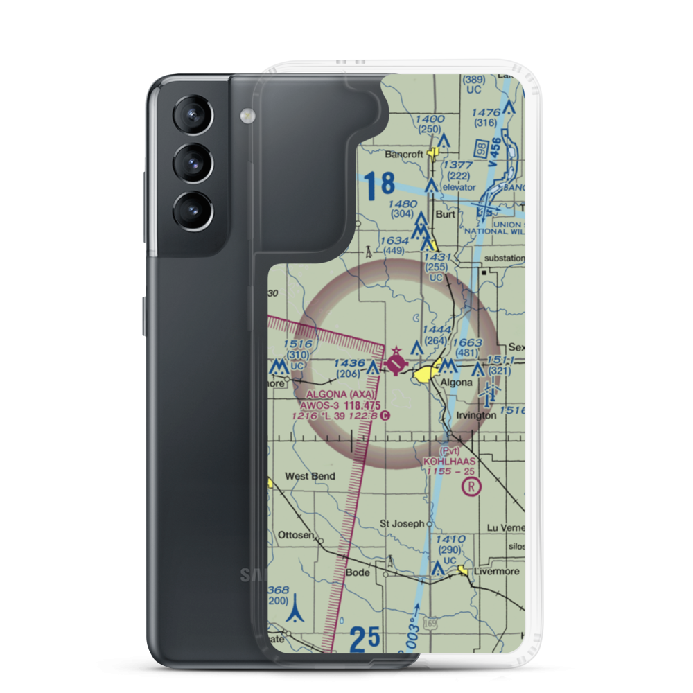 Algona Municipal Airport (AXA) VFR Sectional Samsung Case Samsung Galaxy S21 model shown