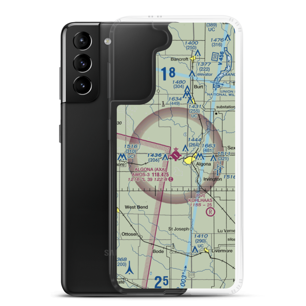 Algona Municipal Airport (AXA) VFR Sectional Samsung Case Samsung Galaxy S21 Plus model shown