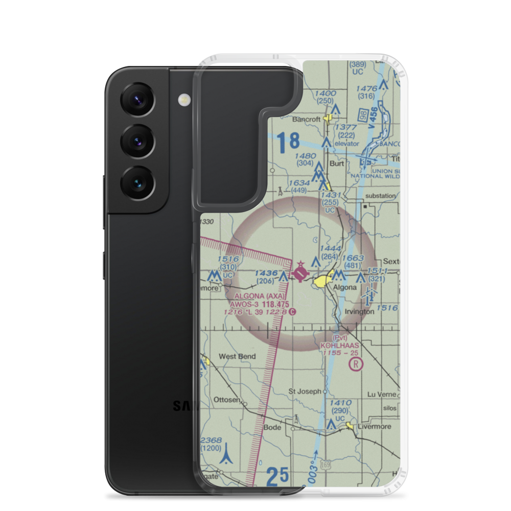 Algona Municipal Airport (AXA) VFR Sectional Samsung Case Samsung Galaxy S22 model shown