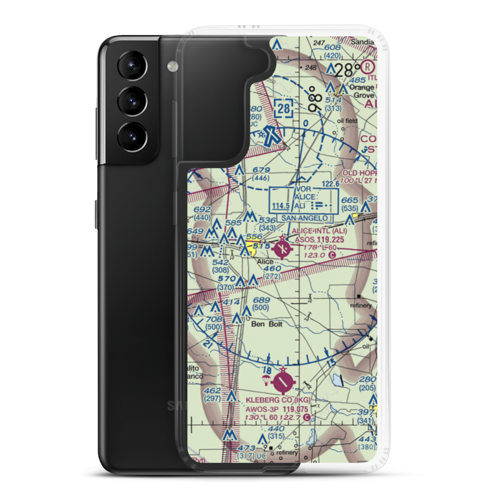 Alice International Airport (ALI) VFR Sectional Samsung Case Samsung Galaxy S21 Plus model shown