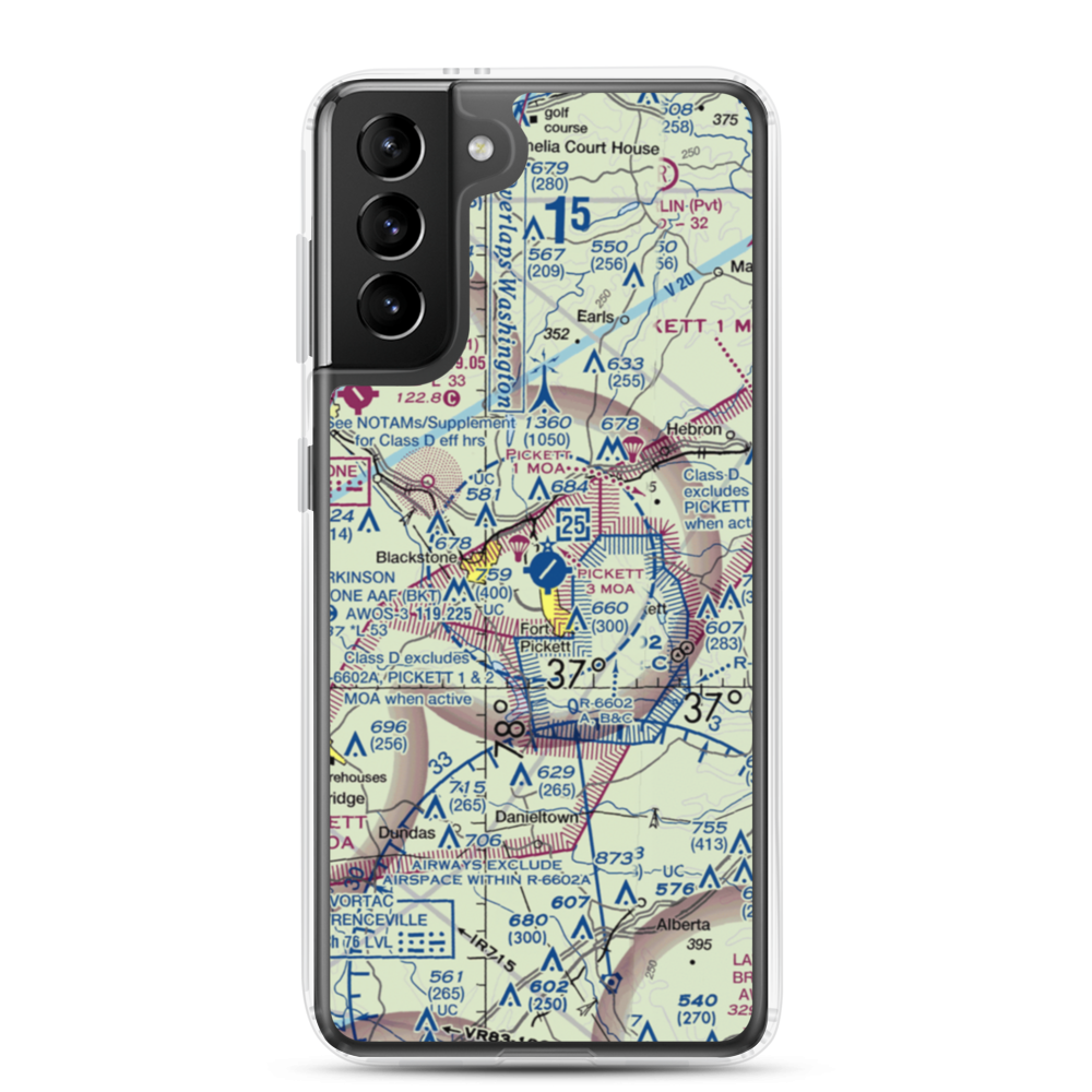 Allen C Perkinson Blackstone Army Air Field (BKT) VFR Sectional Samsung Case Samsung Galaxy S21 Plus model shown
