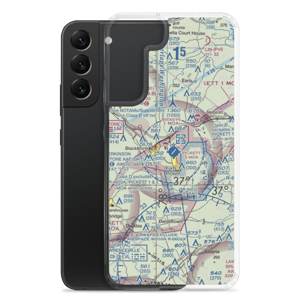 Allen C Perkinson Blackstone Army Air Field (BKT) VFR Sectional Samsung Case Samsung Galaxy S22 Plus model shown
