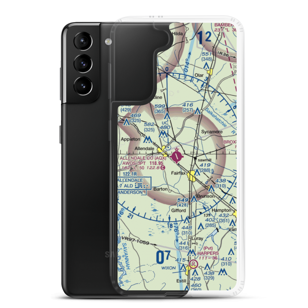 Allendale County Airport (AQX) VFR Sectional Samsung Case Samsung Galaxy S21 Plus model shown