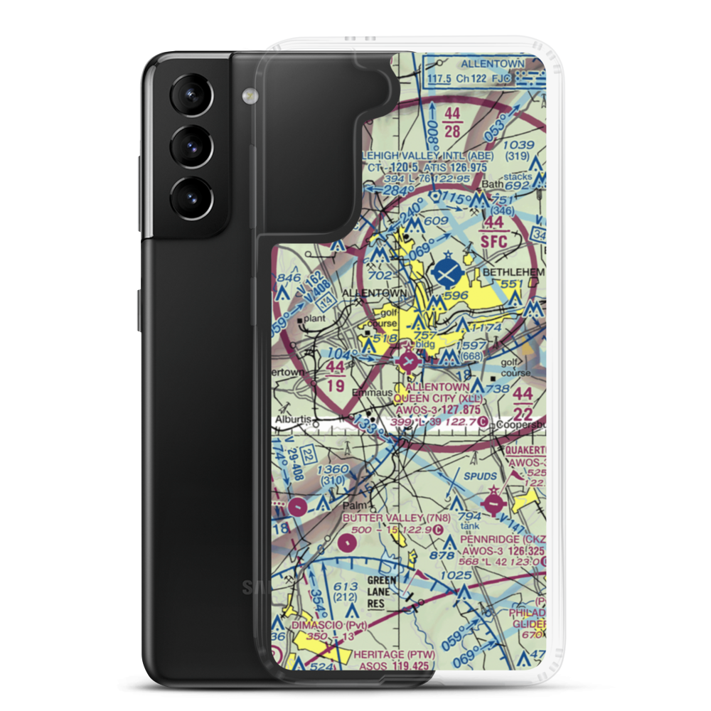 Allentown Queen City Municipal Airport (XLL) VFR Sectional Samsung Case Samsung Galaxy S21 Plus model shown