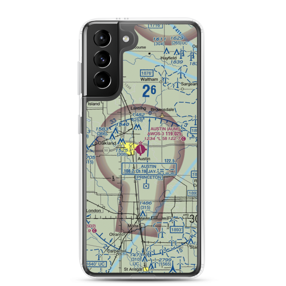 Austin Municipal Airport (AUM) VFR Sectional Samsung Case Samsung Galaxy S21 Plus model shown