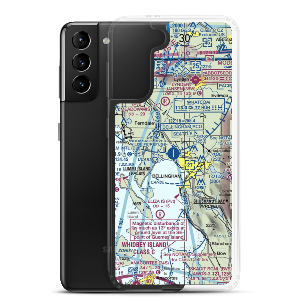 Bellingham International Airport (BLI) VFR Sectional Samsung Case Samsung Galaxy S21 Plus model shown