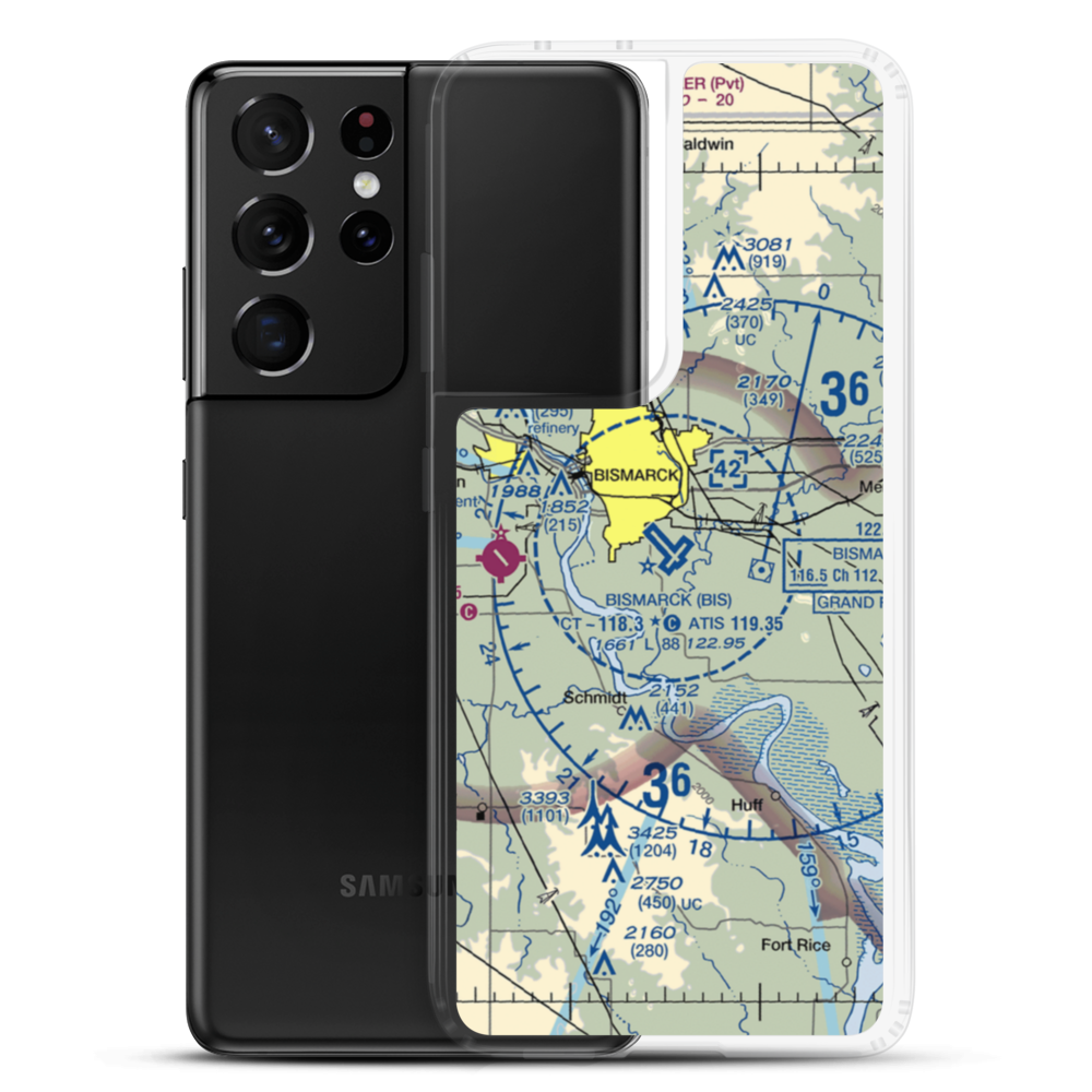 Bismarck Municipal Airport (BIS) VFR Sectional Samsung Case Samsung Galaxy S21 Ultra model shown