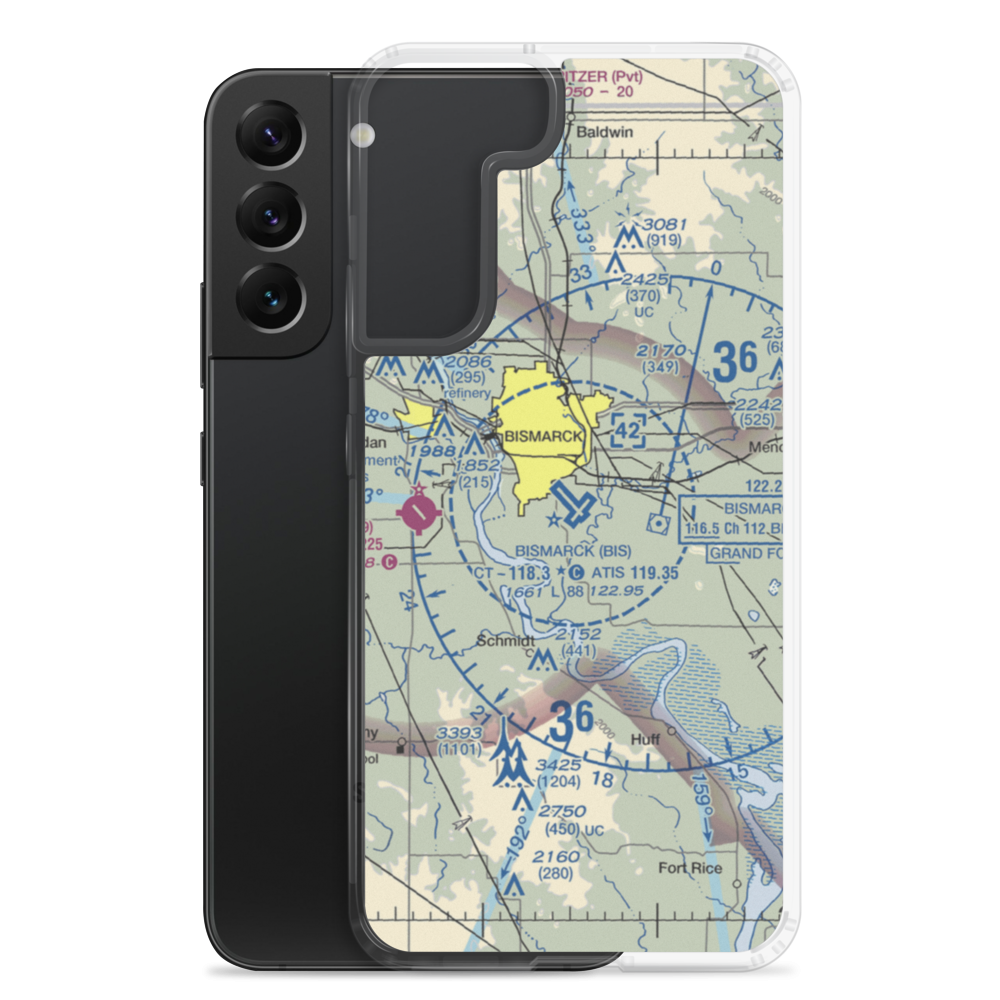 Bismarck Municipal Airport (BIS) VFR Sectional Samsung Case Samsung Galaxy S22 Plus model shown