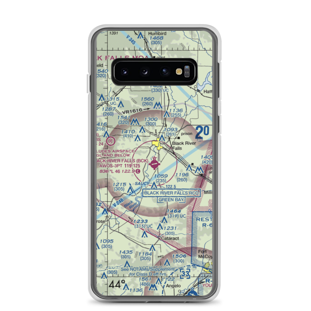 Black River Falls Area Airport (BCK) VFR Sectional Samsung Case Samsung Galaxy S10 model shown