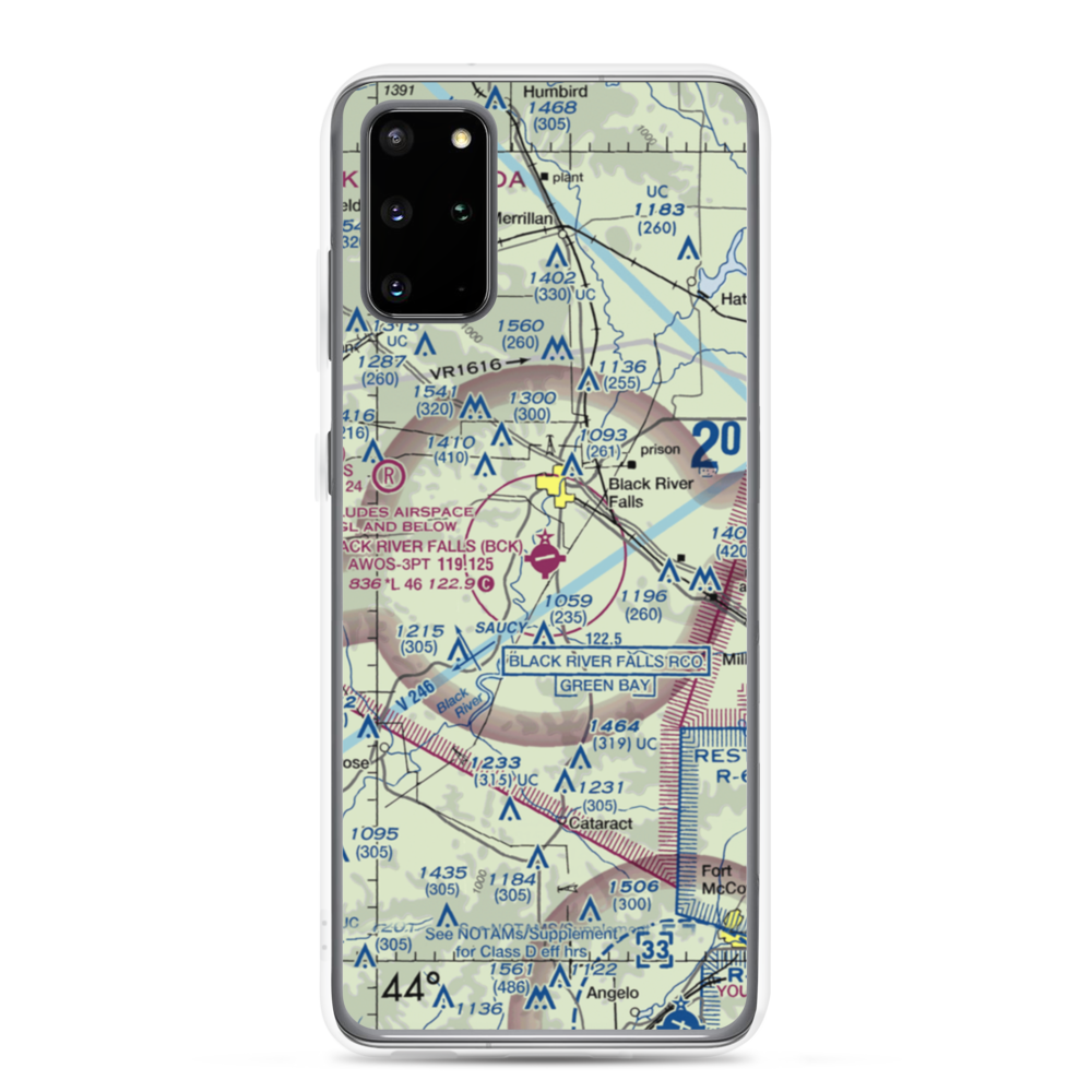 Black River Falls Area Airport (BCK) VFR Sectional Samsung Case Samsung Galaxy S20 Plus model shown