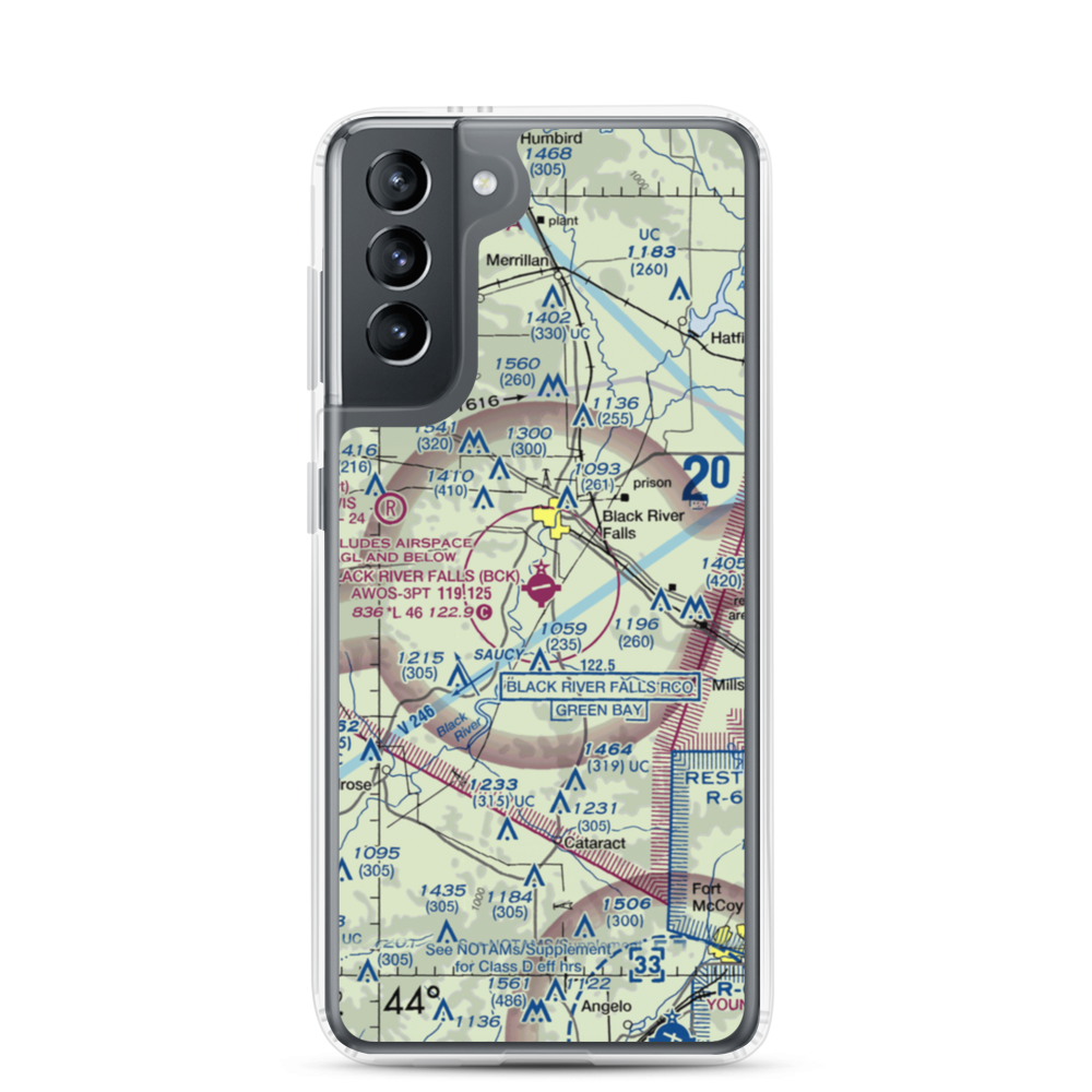 Black River Falls Area Airport (BCK) VFR Sectional Samsung Case Samsung Galaxy S21 model shown