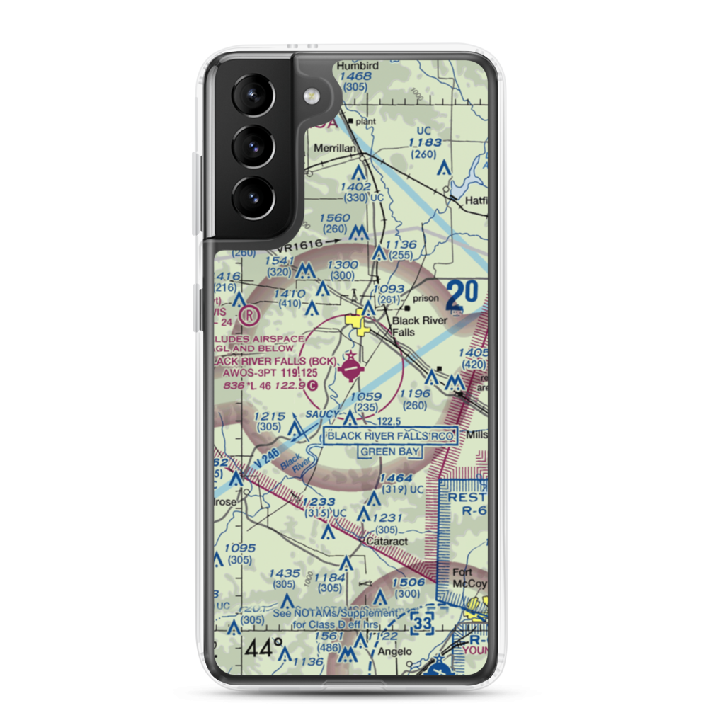 Black River Falls Area Airport (BCK) VFR Sectional Samsung Case Samsung Galaxy S21 Plus model shown