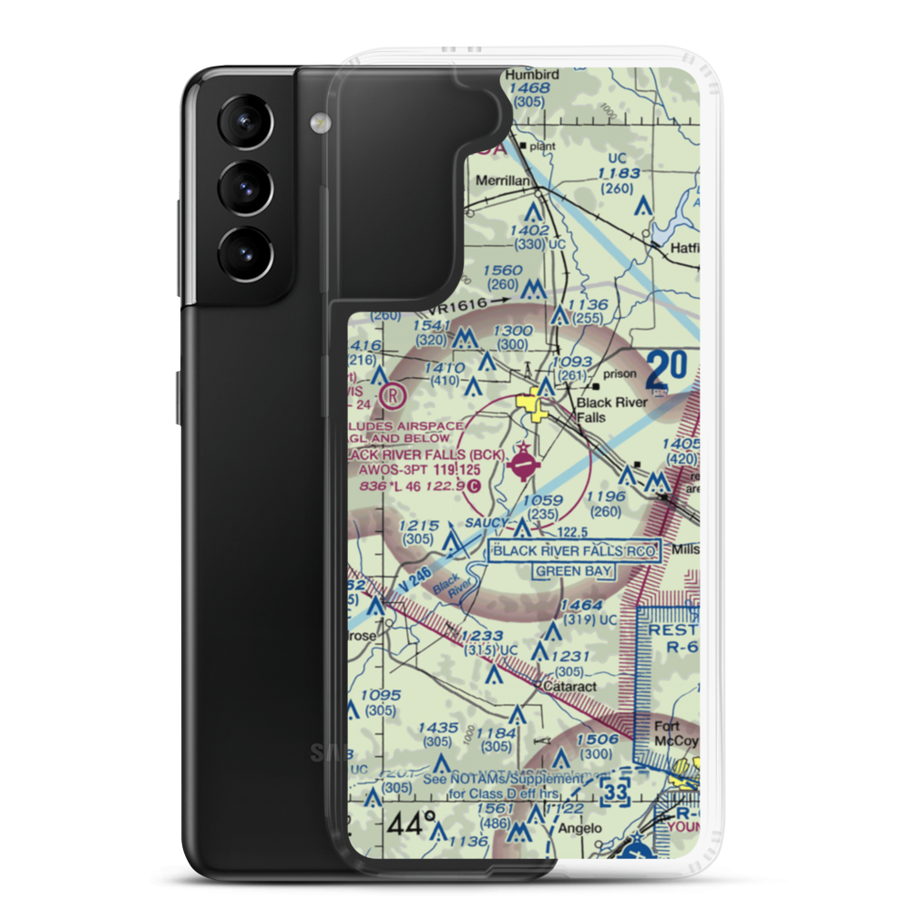 Black River Falls Area Airport (BCK) VFR Sectional Samsung Case Samsung Galaxy S21 Plus model shown