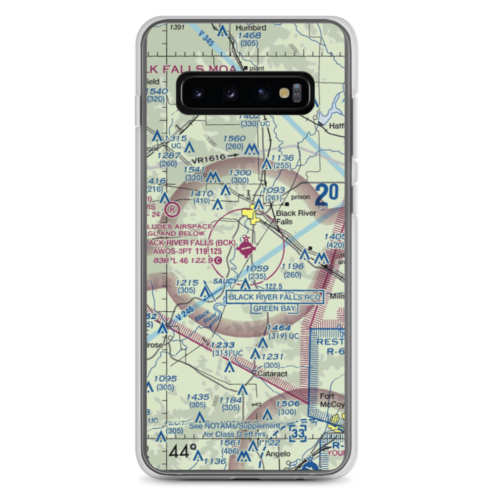 Black River Falls Area Airport (BCK) VFR Sectional Samsung Case Samsung Galaxy S10+ model shown