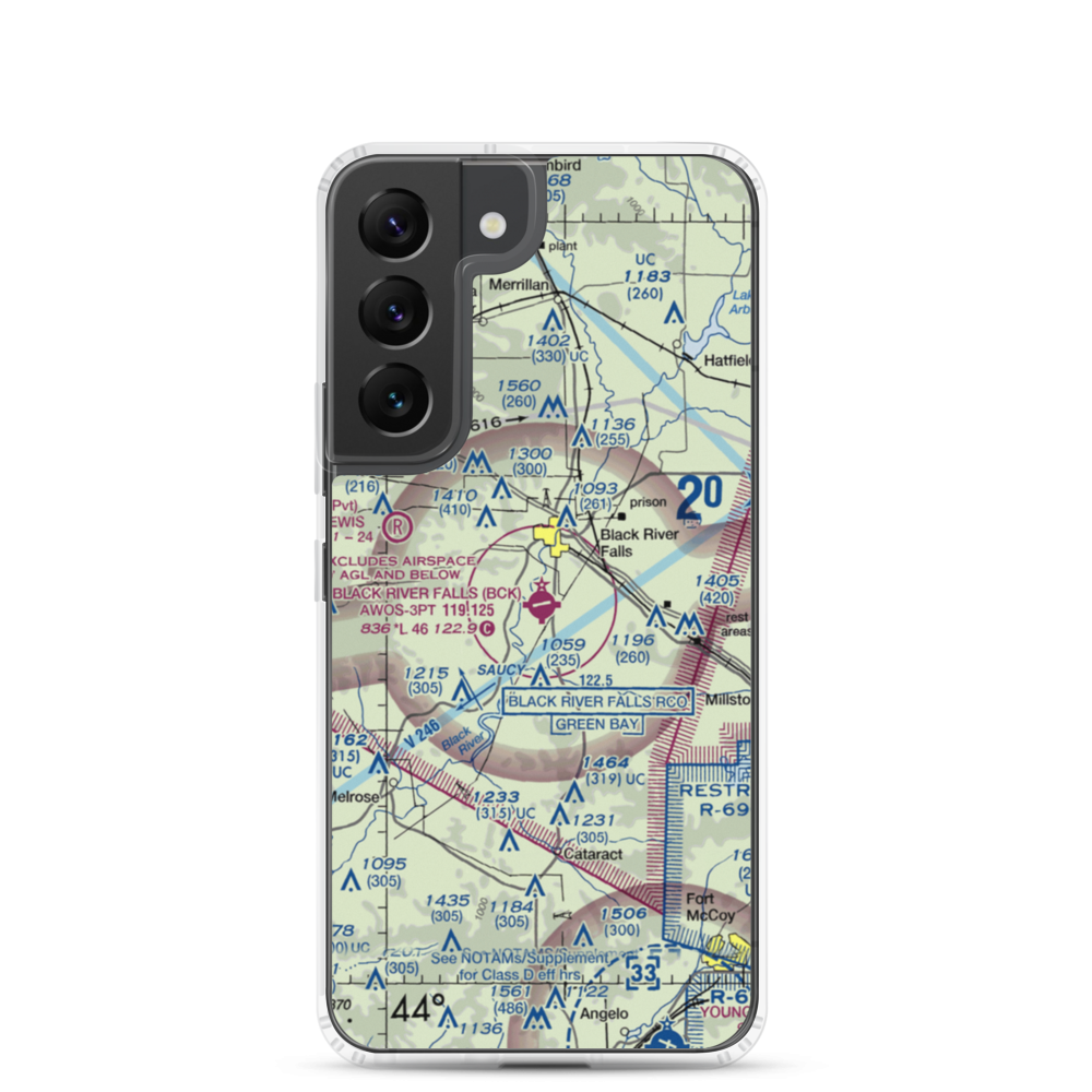 Black River Falls Area Airport (BCK) VFR Sectional Samsung Case Samsung Galaxy S22 model shown