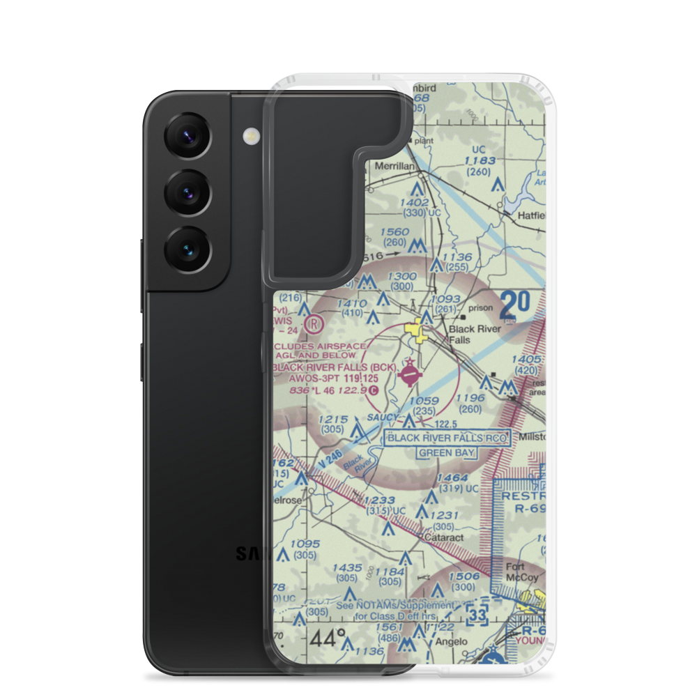 Black River Falls Area Airport (BCK) VFR Sectional Samsung Case Samsung Galaxy S22 model shown