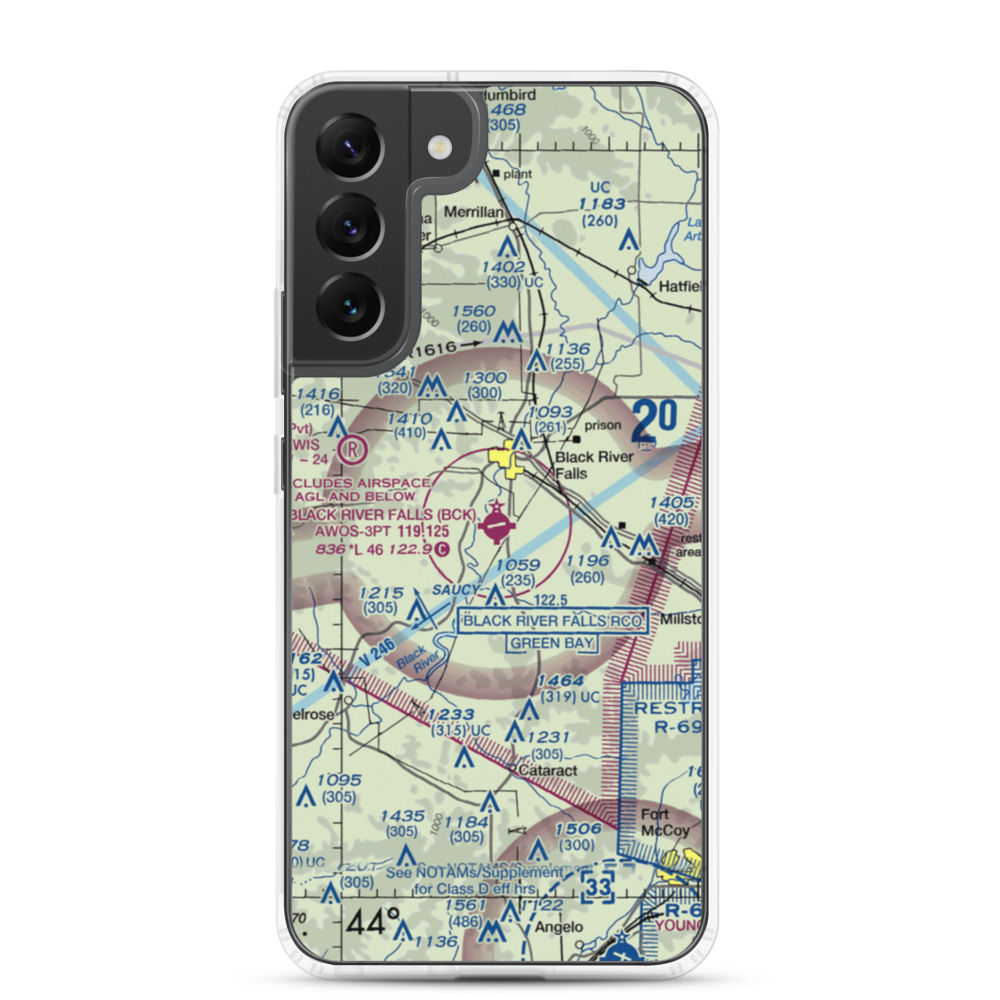 Black River Falls Area Airport (BCK) VFR Sectional Samsung Case Samsung Galaxy S22 Plus model shown
