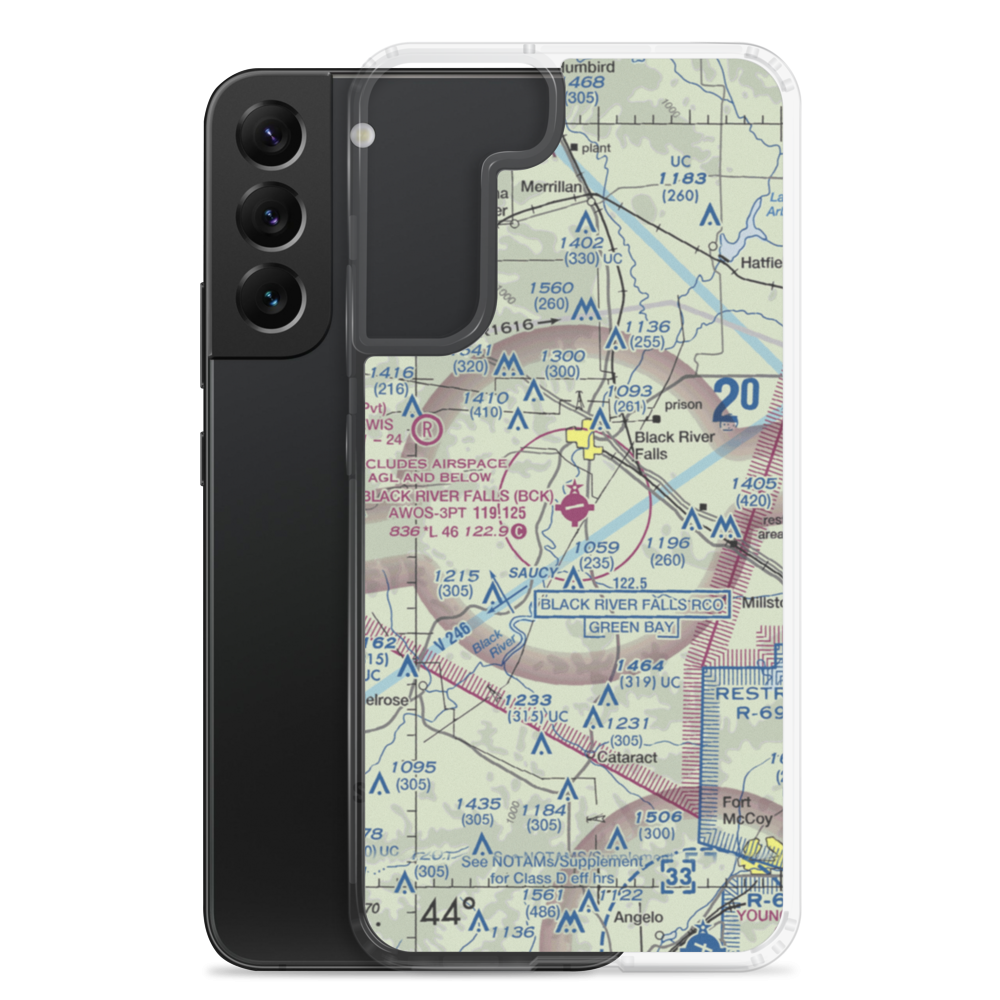 Black River Falls Area Airport (BCK) VFR Sectional Samsung Case Samsung Galaxy S22 Plus model shown