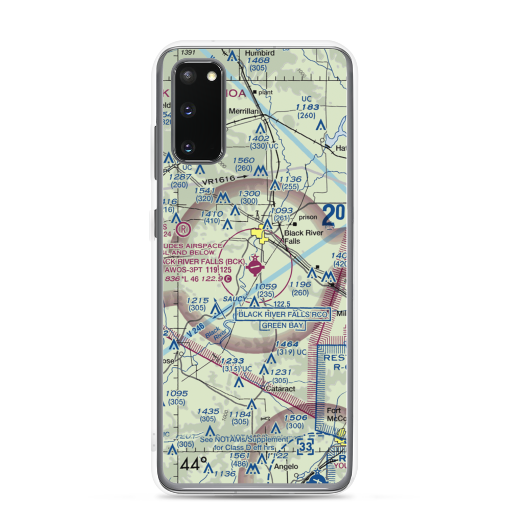 Black River Falls Area Airport (BCK) VFR Sectional Samsung Case Samsung Galaxy S20 model shown