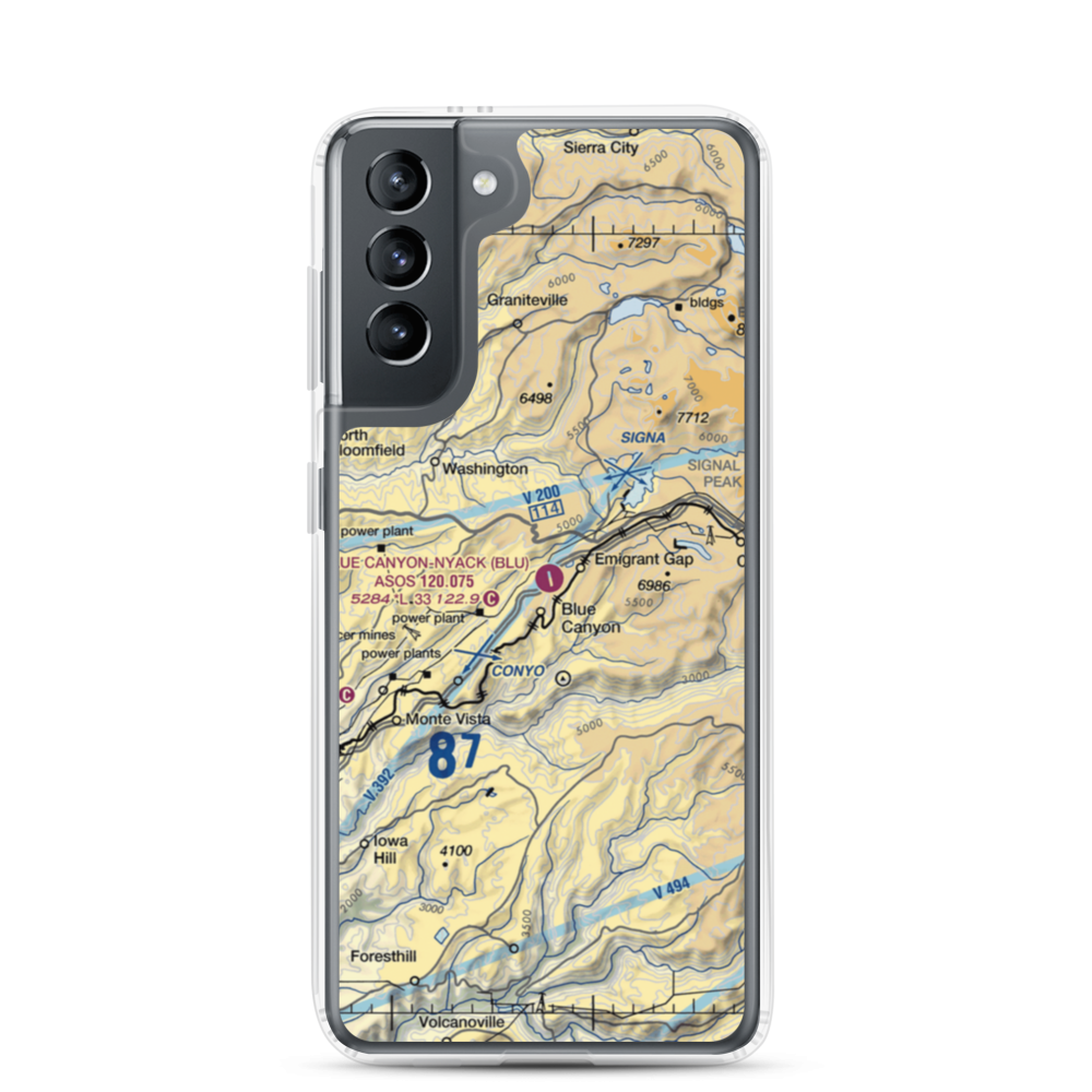 Blue Canyon Nyack Airport (BLU) VFR Sectional Samsung Case Samsung Galaxy S21 model shown