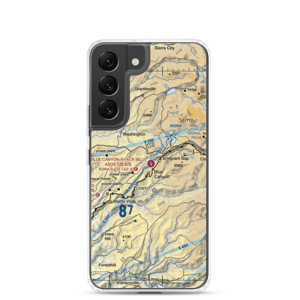 Blue Canyon Nyack Airport (BLU) VFR Sectional Samsung Case Samsung Galaxy S22 model shown