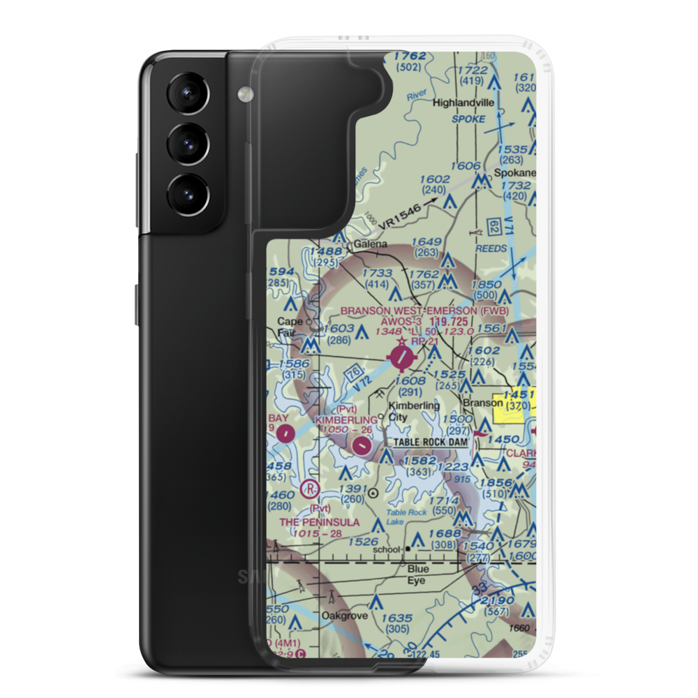 Branson West Airport (FWB) VFR Sectional Samsung Case Samsung Galaxy S21 Plus model shown