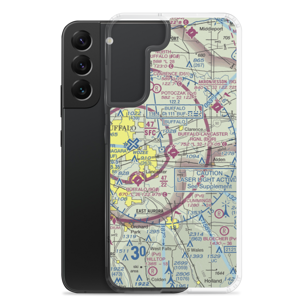 Buffalo Lancaster Regional Airport (BQR) VFR Sectional Samsung Case Samsung Galaxy S22 Plus model shown