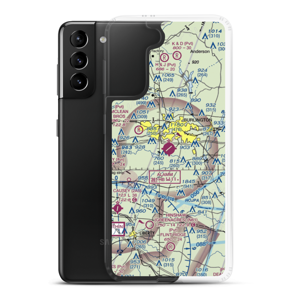Burlington Alamance Regional Airport (BUY) VFR Sectional Samsung Case Samsung Galaxy S21 Plus model shown