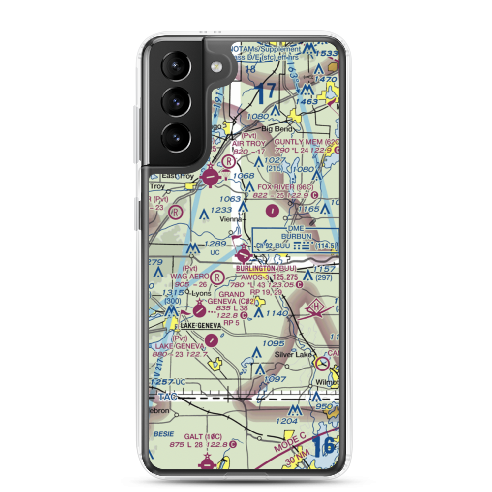 Burlington Municipal Airport (BUU) VFR Sectional Samsung Case Samsung Galaxy S21 Plus model shown