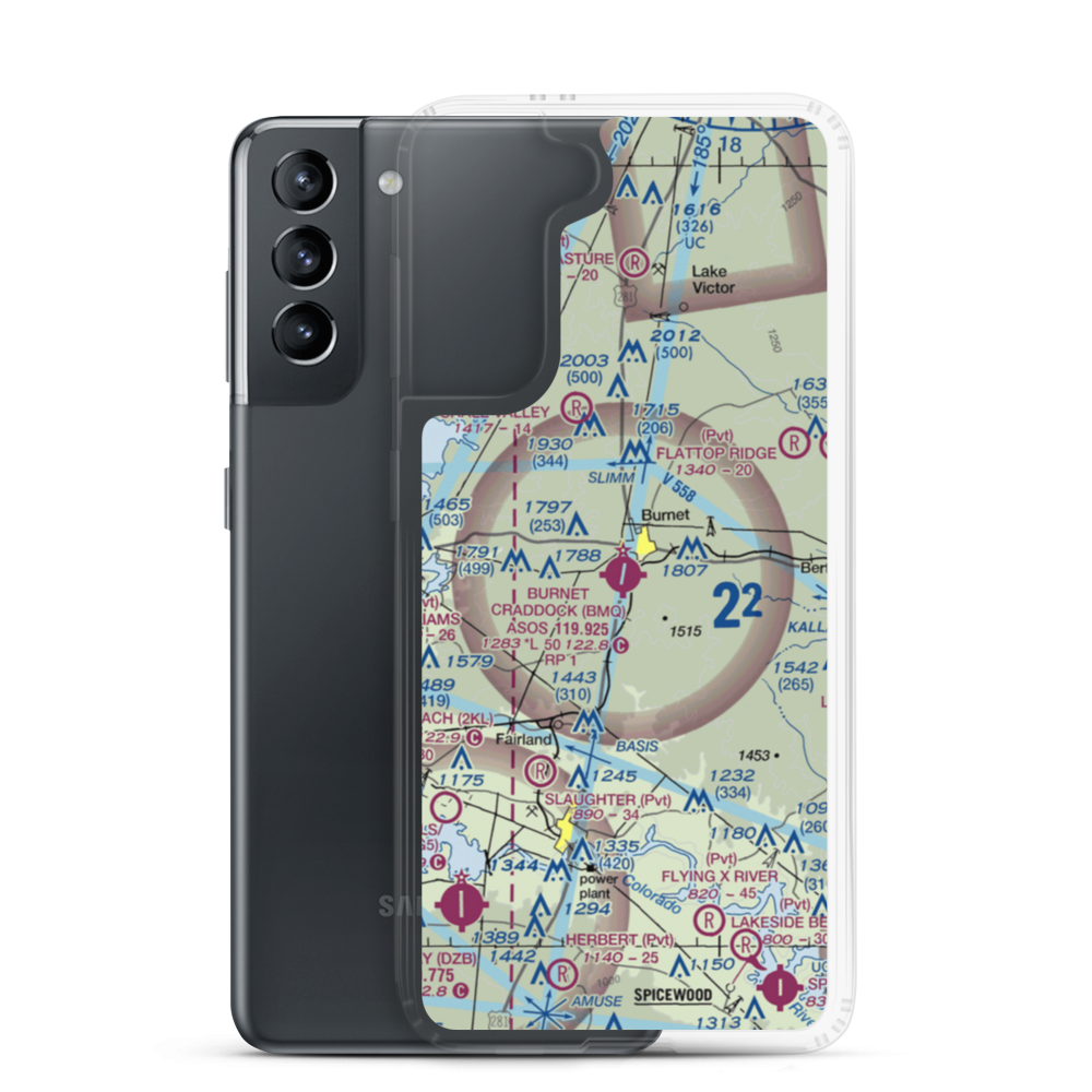 Burnet Municipal Kate Craddock Field (BMQ) VFR Sectional Samsung Case Samsung Galaxy S21 model shown