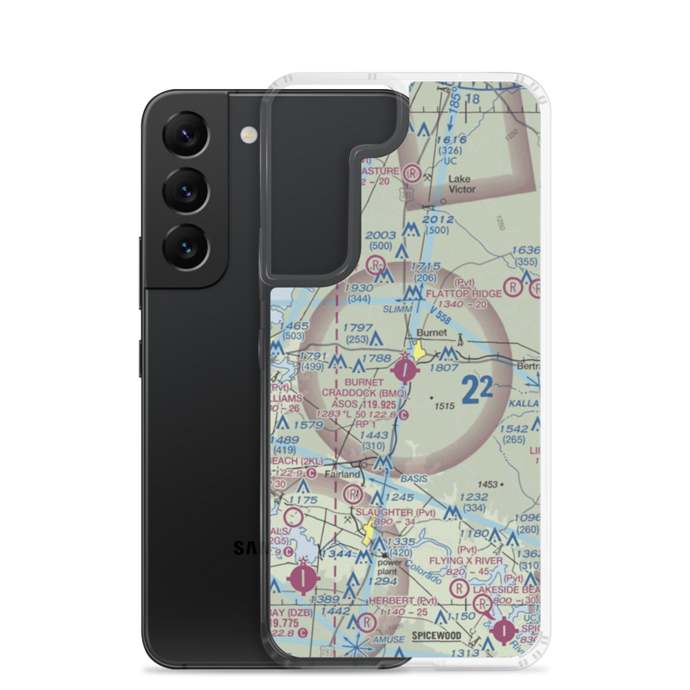 Burnet Municipal Kate Craddock Field (BMQ) VFR Sectional Samsung Case Samsung Galaxy S22 model shown