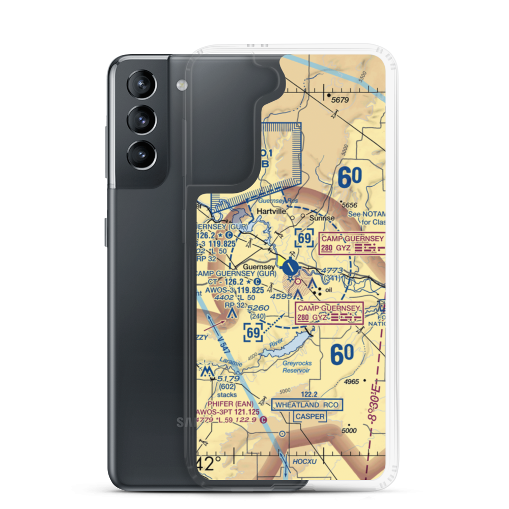 Camp Guernsey Airport (GUR) VFR Sectional Samsung Case Samsung Galaxy S21 model shown