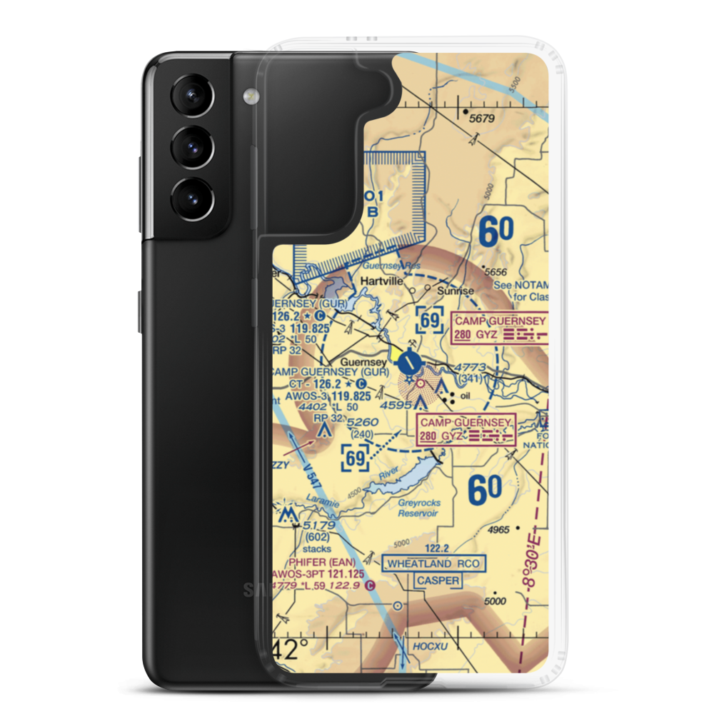 Camp Guernsey Airport (GUR) VFR Sectional Samsung Case Samsung Galaxy S21 Plus model shown