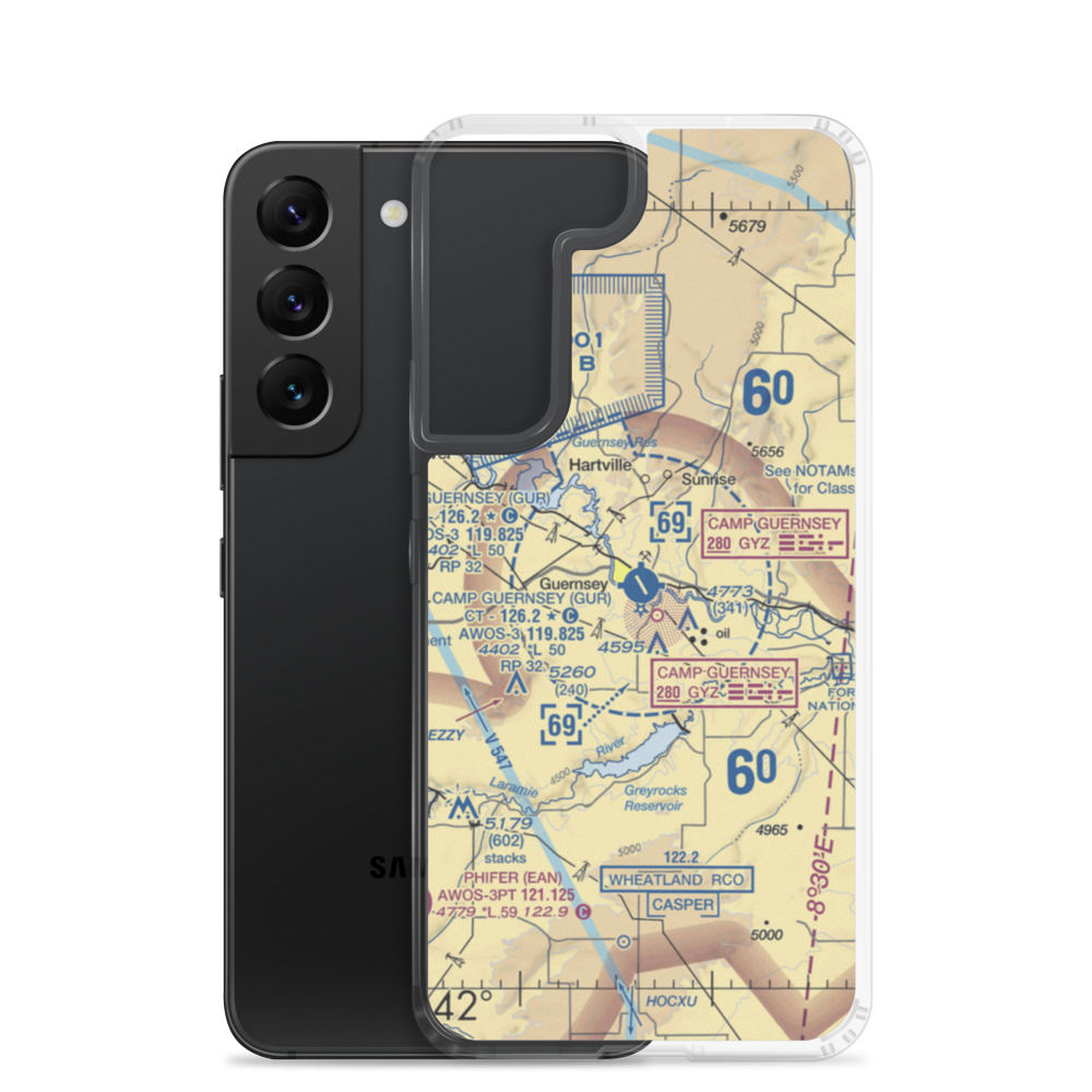 Camp Guernsey Airport (GUR) VFR Sectional Samsung Case Samsung Galaxy S22 model shown
