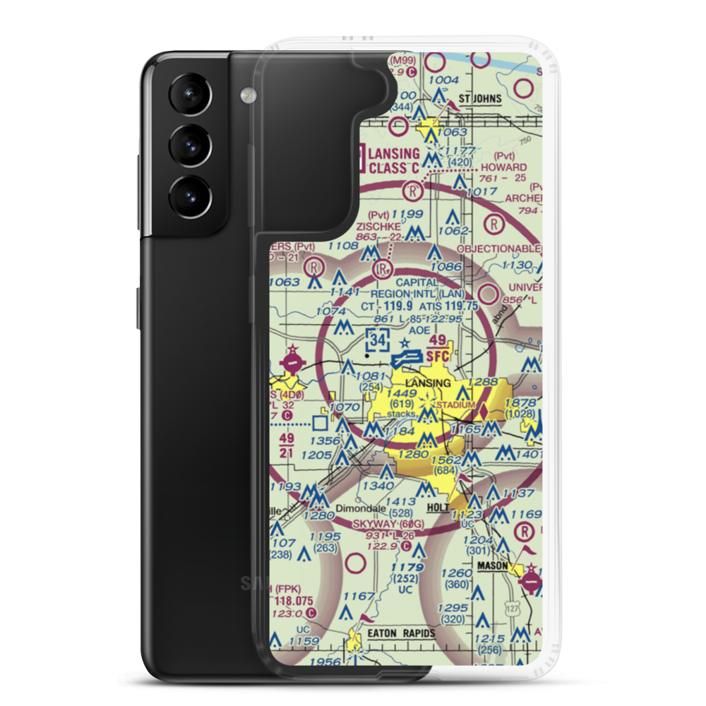 Capital City Airport (LAN) VFR Sectional Samsung Case Samsung Galaxy S21 Plus model shown