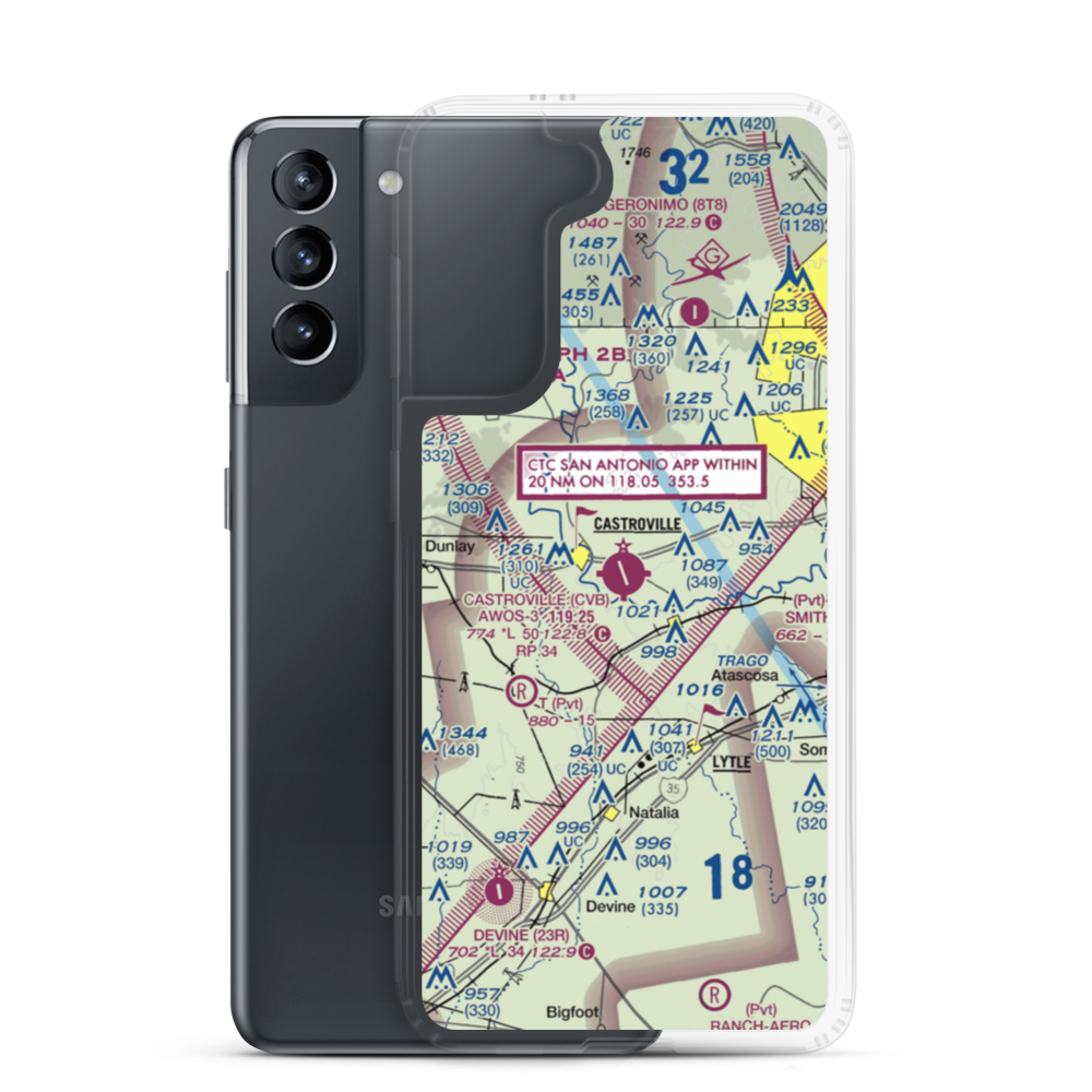 Castroville Municipal Airport (CVB) VFR Sectional Samsung Case Samsung Galaxy S21 model shown