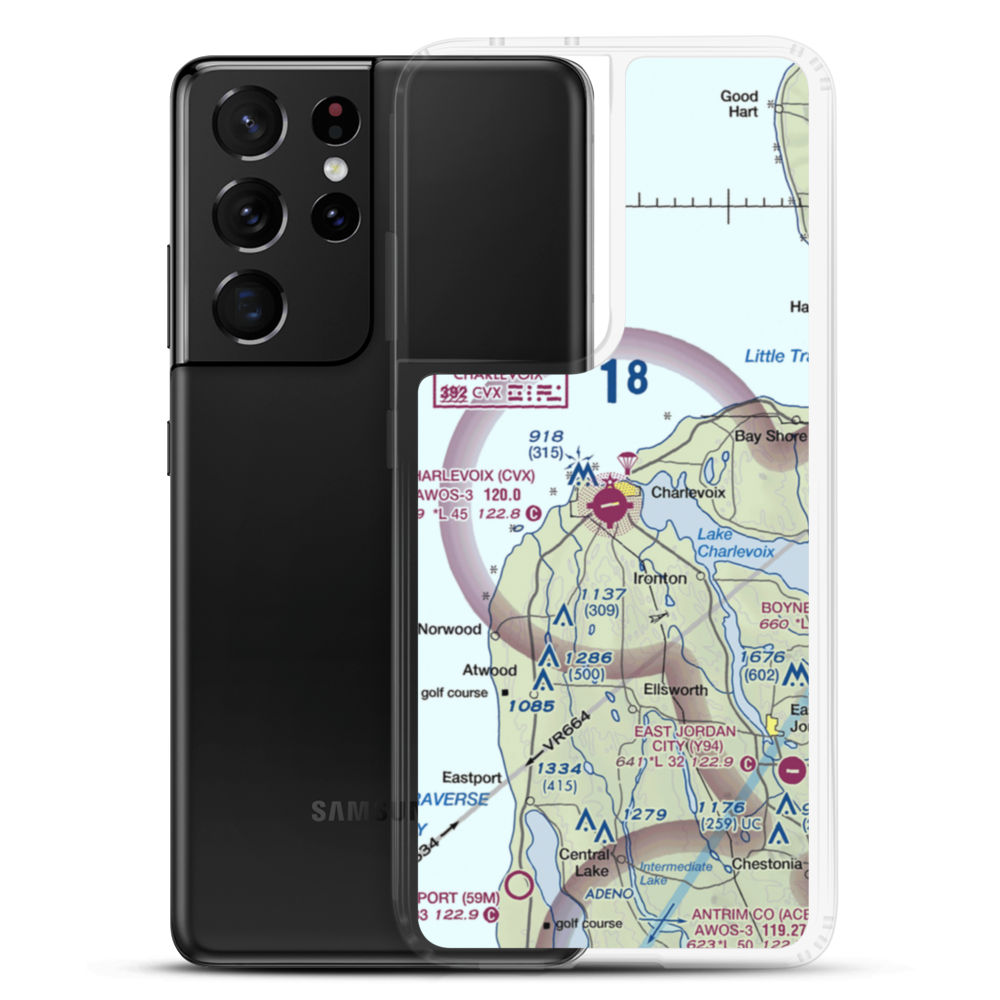 Charlevoix Municipal Airport (CVX) VFR Sectional Samsung Case Samsung Galaxy S21 Ultra model shown