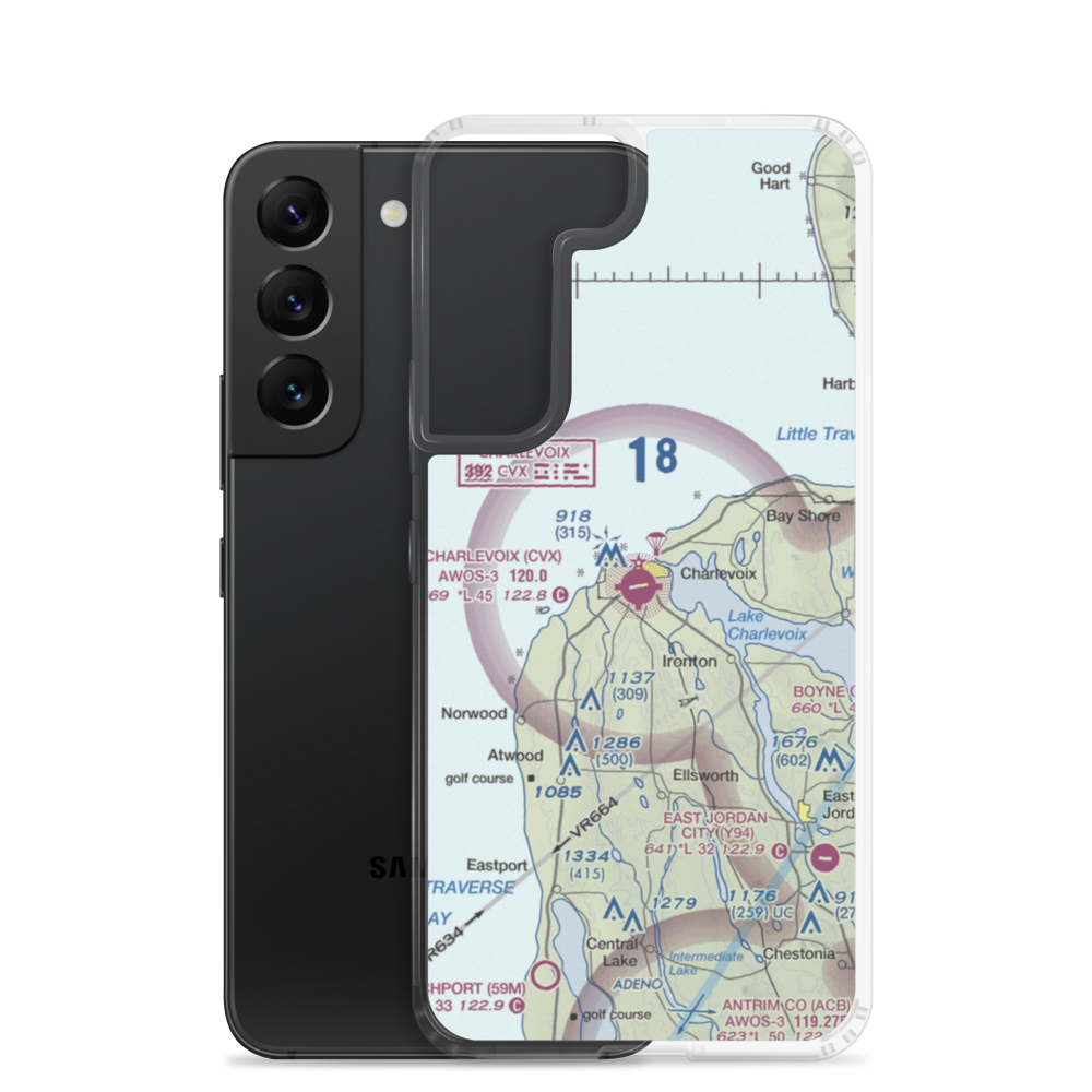Charlevoix Municipal Airport (CVX) VFR Sectional Samsung Case Samsung Galaxy S22 model shown