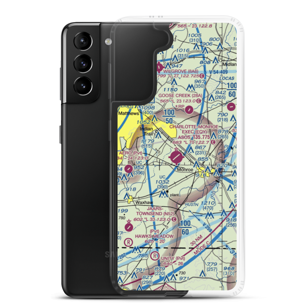 Charlotte-Monroe Executive Airport (EQY) VFR Sectional Samsung Case Samsung Galaxy S21 Plus model shown