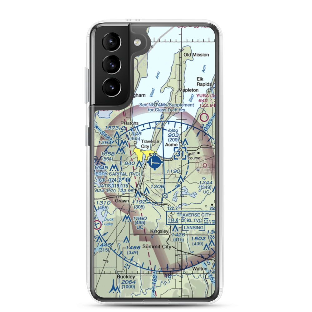 Cherry Capital Airport (TVC) VFR Sectional Samsung Case Samsung Galaxy S21 Plus model shown