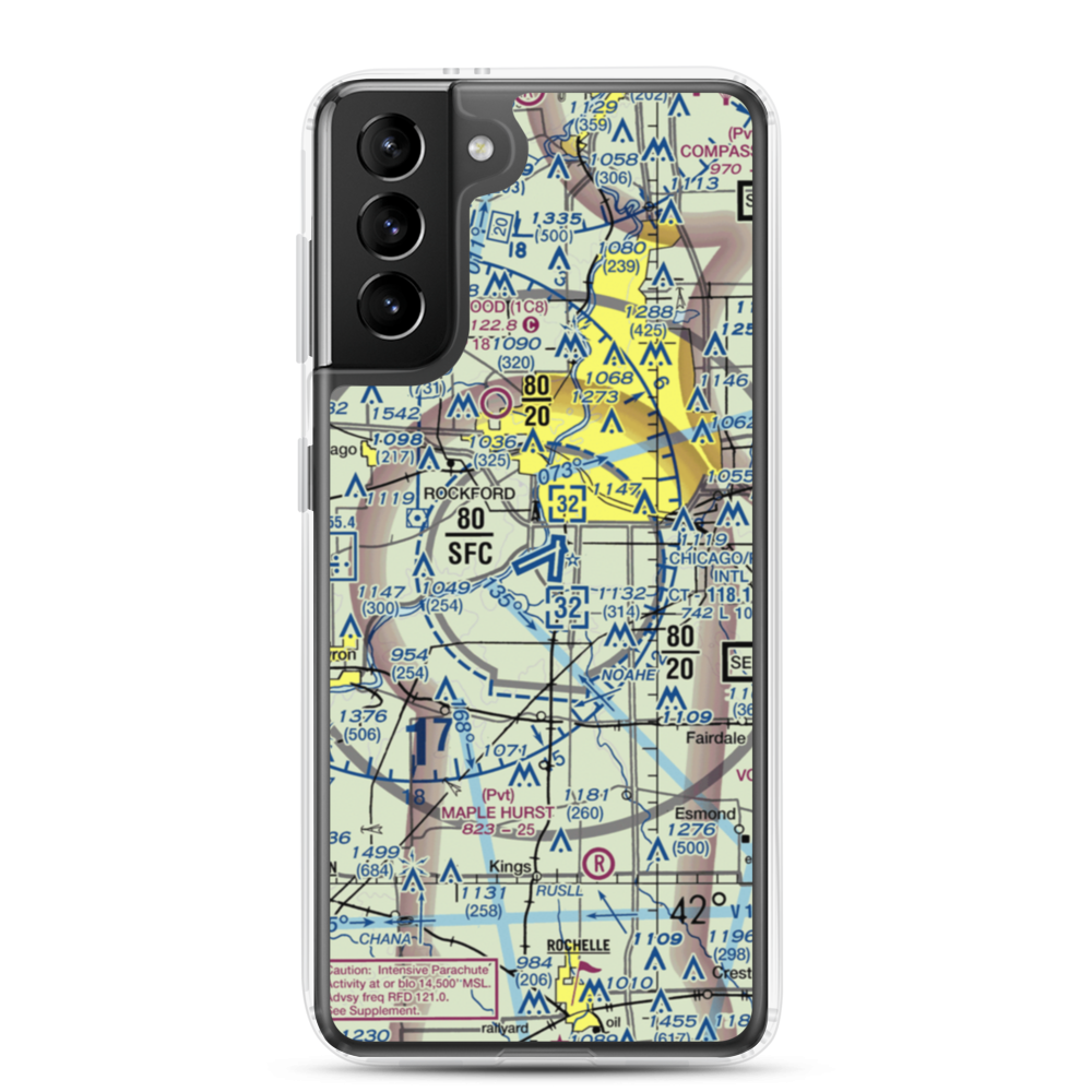 Chicago Rockford International Airport (RFD) VFR Sectional Samsung Case Samsung Galaxy S21 Plus model shown