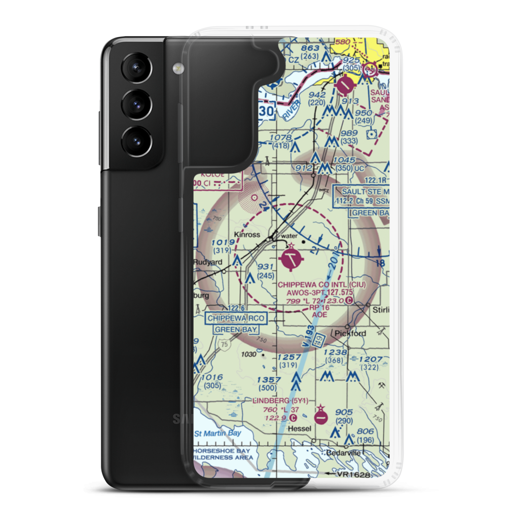 Chippewa County International Airport (CIU) VFR Sectional Samsung Case Samsung Galaxy S21 Plus model shown