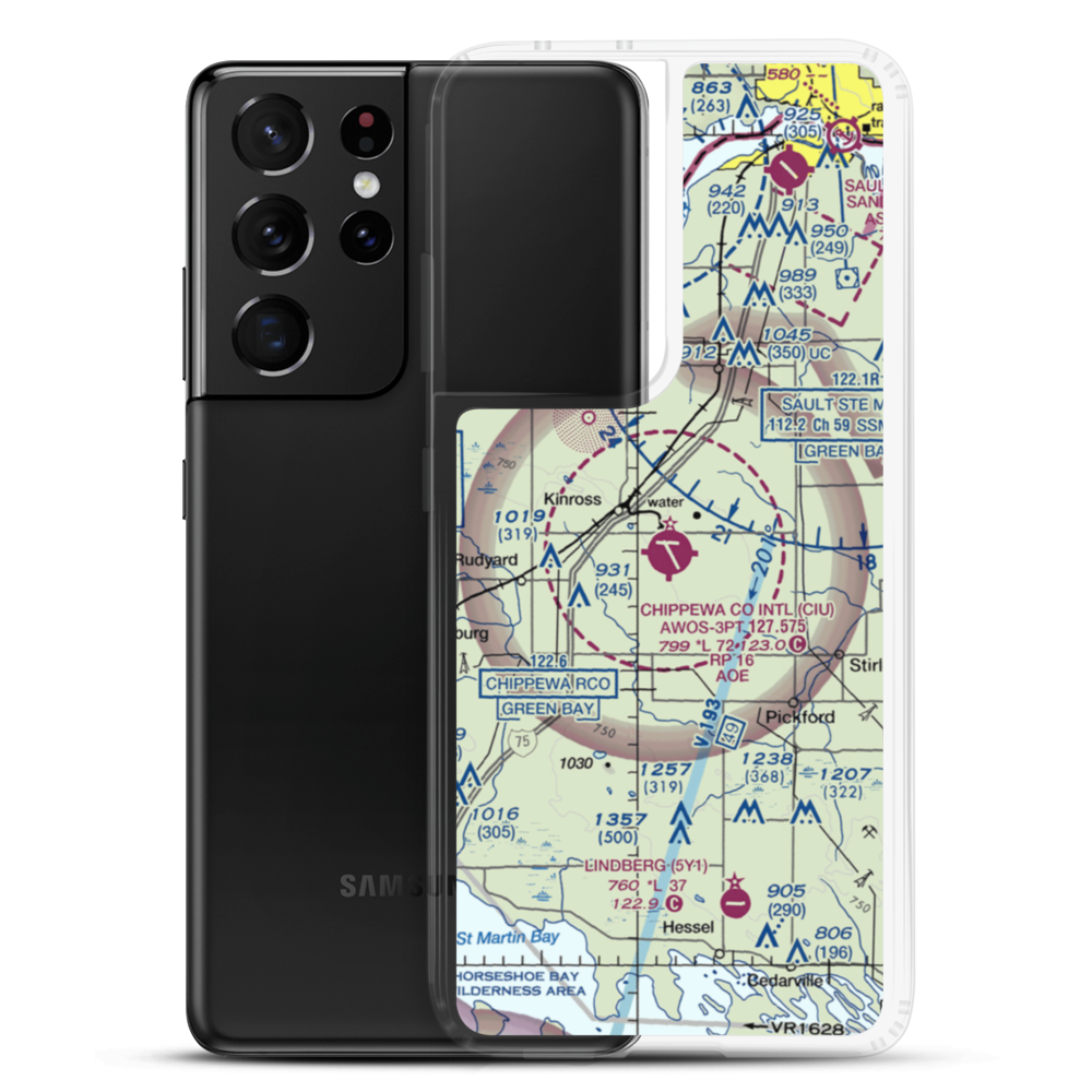 Chippewa County International Airport (CIU) VFR Sectional Samsung Case Samsung Galaxy S21 Ultra model shown