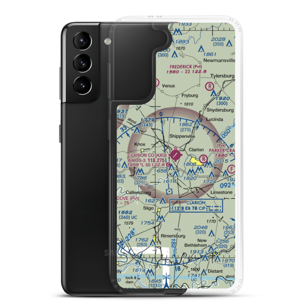 Clarion County Airport (AXQ) VFR Sectional Samsung Case Samsung Galaxy S21 Plus model shown