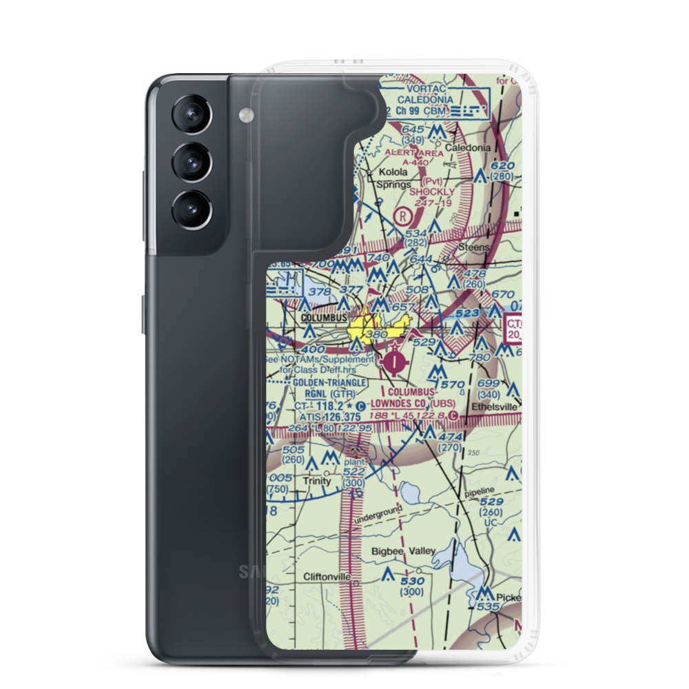 Columbus Lowndes County Airport (UBS) VFR Sectional Samsung Case Samsung Galaxy S21 model shown