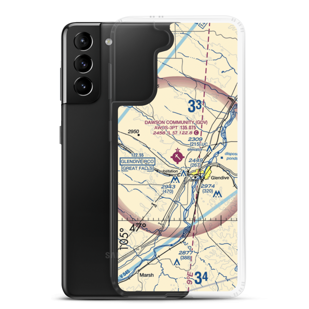 Dawson Community Airport (GDV) VFR Sectional Samsung Case Samsung Galaxy S21 Plus model shown