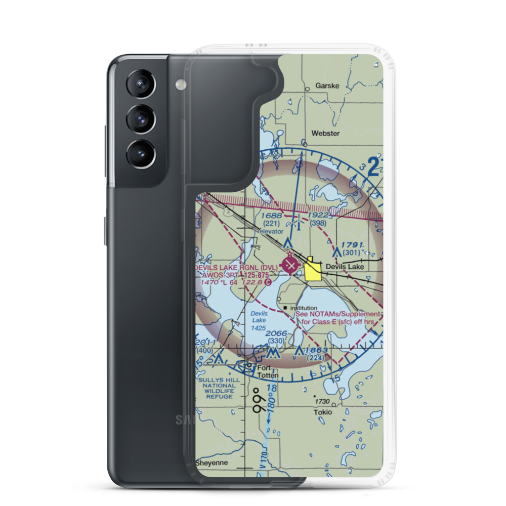 Devils Lake Regional Airport (DVL) VFR Sectional Samsung Case Samsung Galaxy S21 model shown