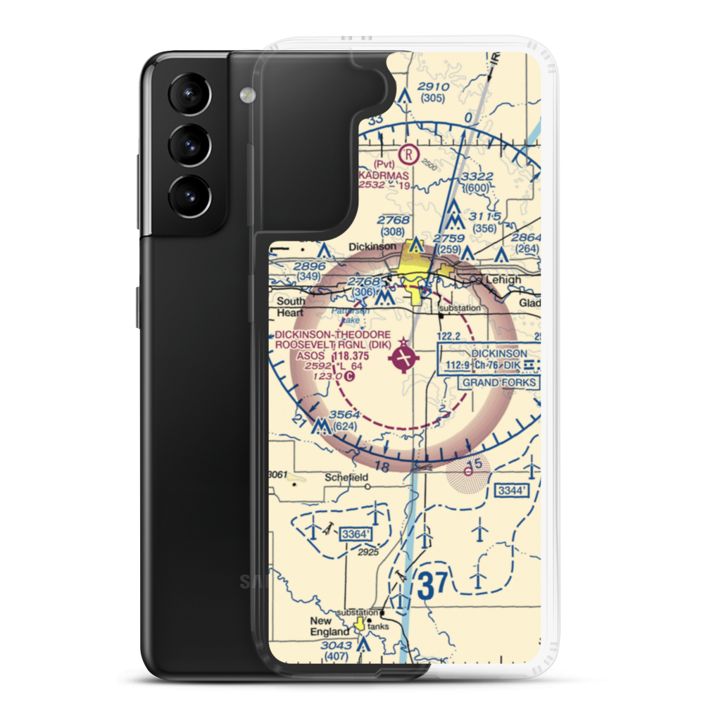 Dickinson Theodore Roosevelt Regional Airport (DIK) VFR Sectional Samsung Case Samsung Galaxy S21 Plus model shown