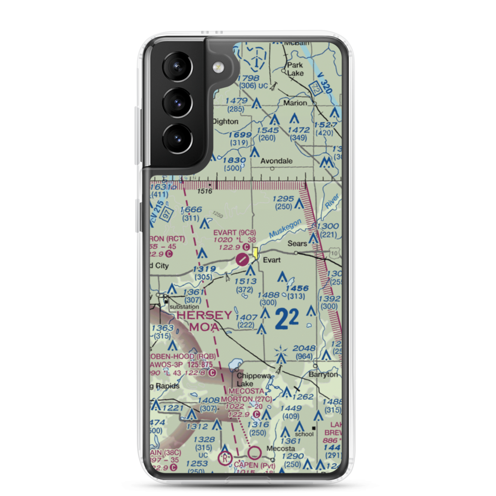 Evart Municipal Airport (9C8) VFR Sectional Samsung Case Samsung Galaxy S21 Plus model shown