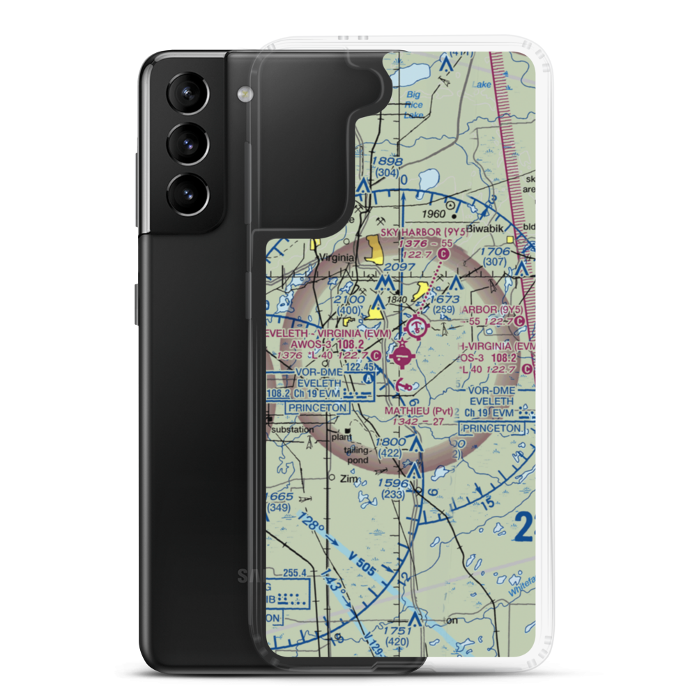 Eveleth Virginia Municipal Airport (EVM) VFR Sectional Samsung Case Samsung Galaxy S21 Plus model shown